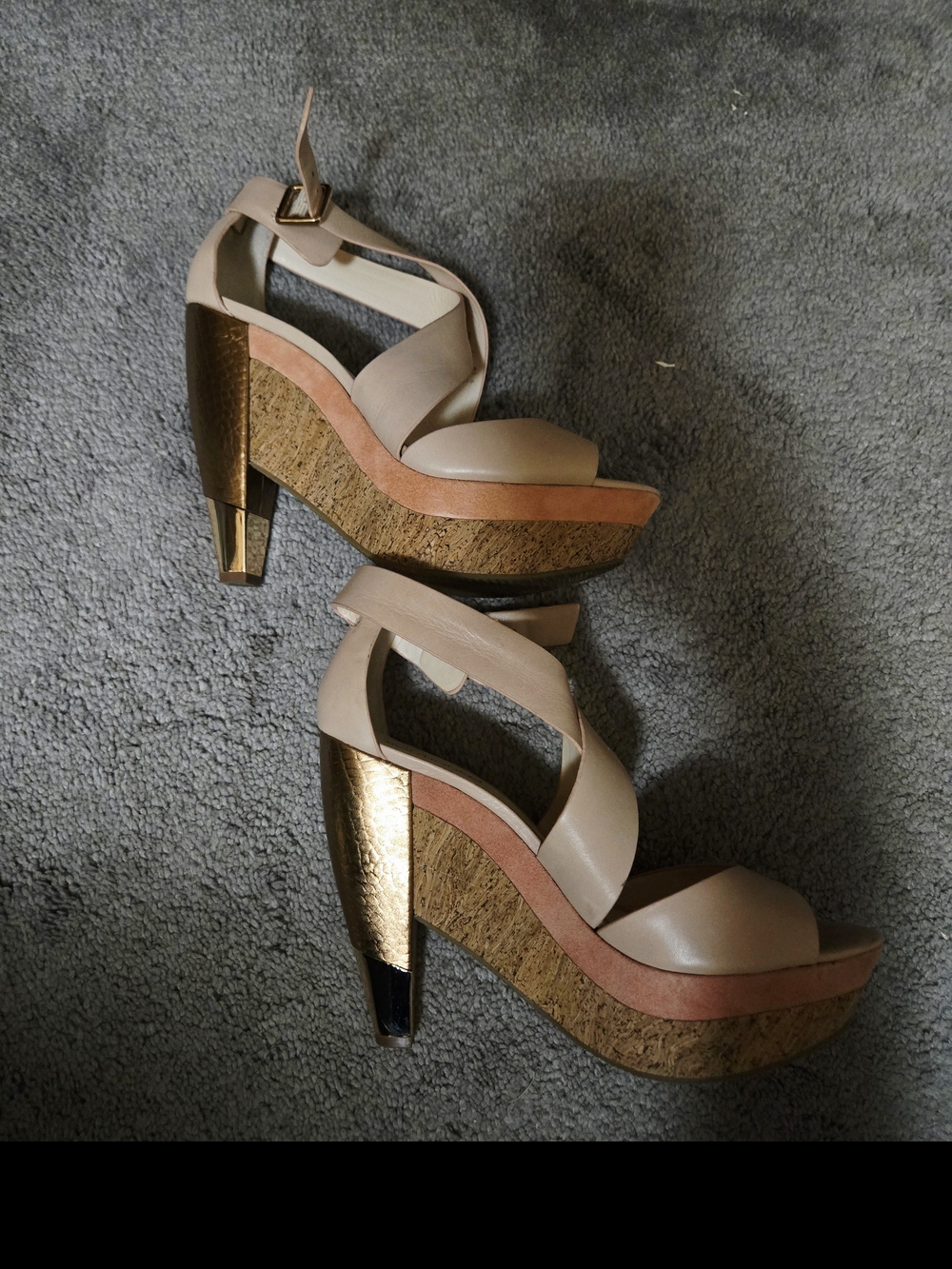 Boutique 9 Beige Cork Platform Wedge Sandals with Gold Heel